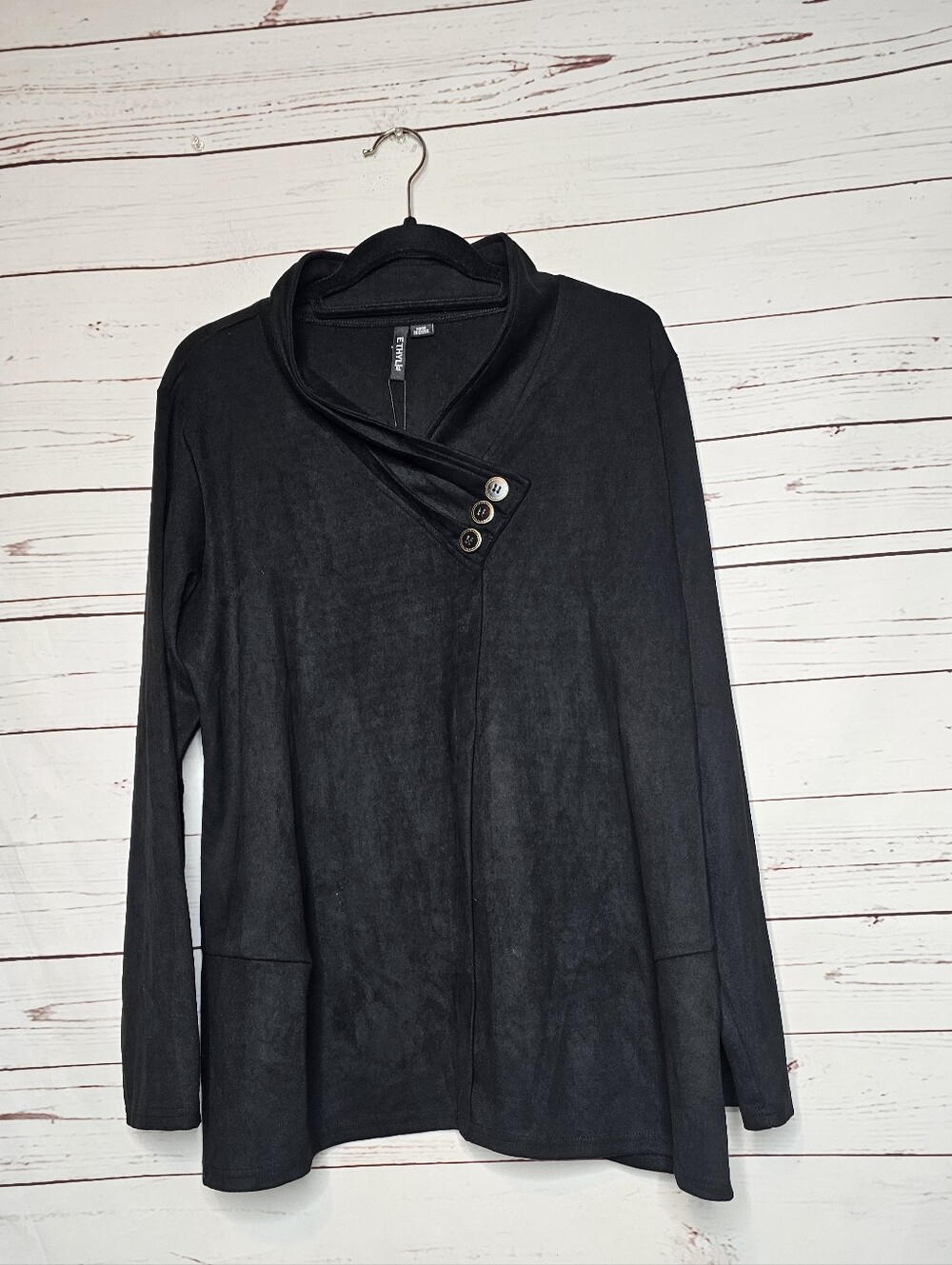 Ethyl Black Faux Suede Long Sleeve Button Detail Collar Top